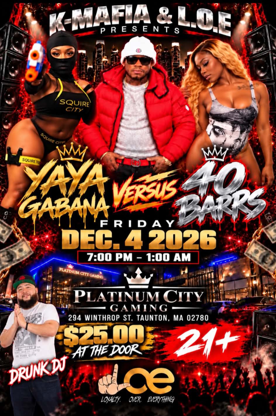 Flyer for Yaya Gabana vs. 40 Barrs, Friday, December 4, 2026, at Platinum City Gaming in Taunton